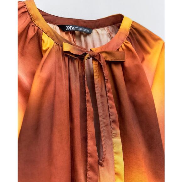 Zara Tie Dye Print Oversized Blouse with Tie in Orange - Picture 2 of 10